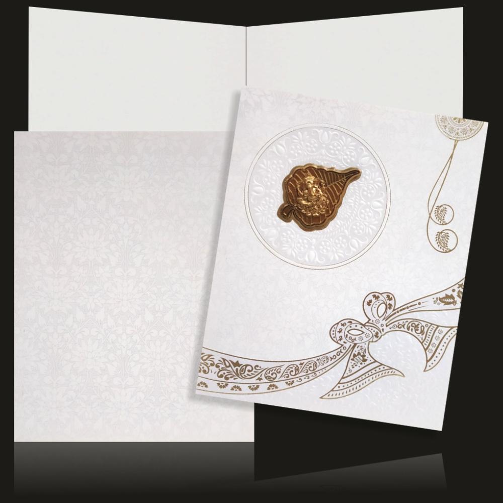 Awestruck Leaf Type Ganesha With White Shading Wedding Card - KNK4791-2